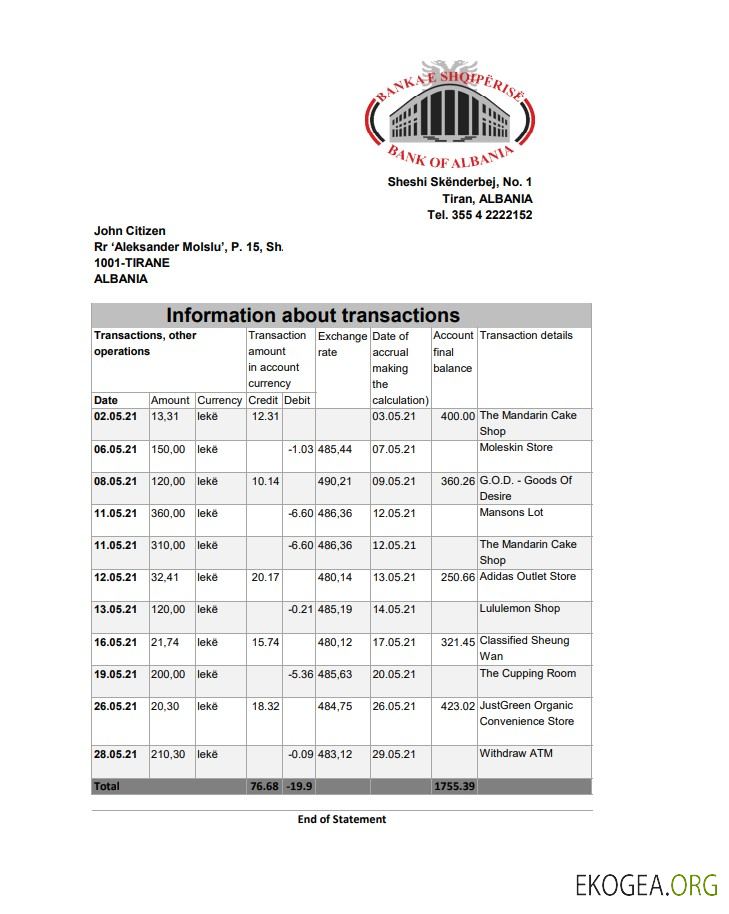 Modèle de relevé bancaire de la Banque d'Albanie d'Albanie au format Excel et PDF